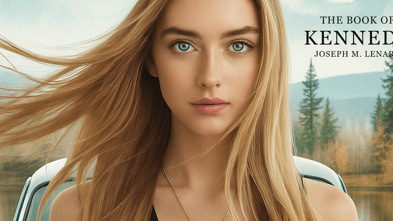 A young woman with long blonde hair stands near a classic car, with a mountainous landscape in the background.