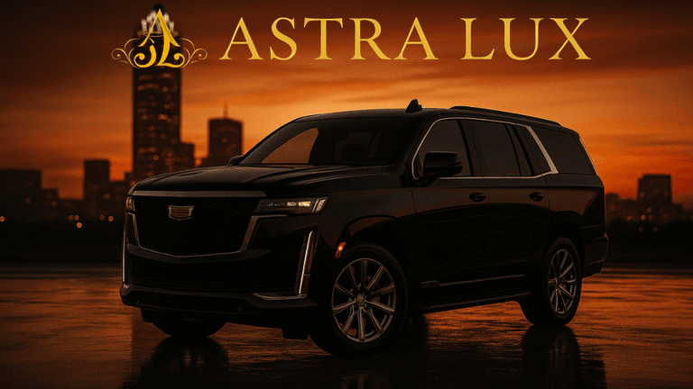 A luxurious black Cadillac SUV against a stunning sunset backdrop, showcasing the sleek design and elegance of Astra Lux's premium in-city rides. The vehicle is highlighted by the iconic city skyline, reflecting the exclusivity and sophisticated lifestyle that Astra Lux provides for high-end transport and social experiences.
