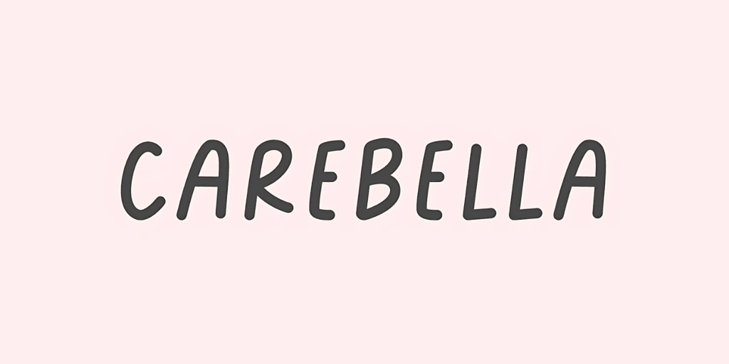 Carebella logo in playful handwritten-style font on a soft pink background, representing a feminine and caring brand identity.