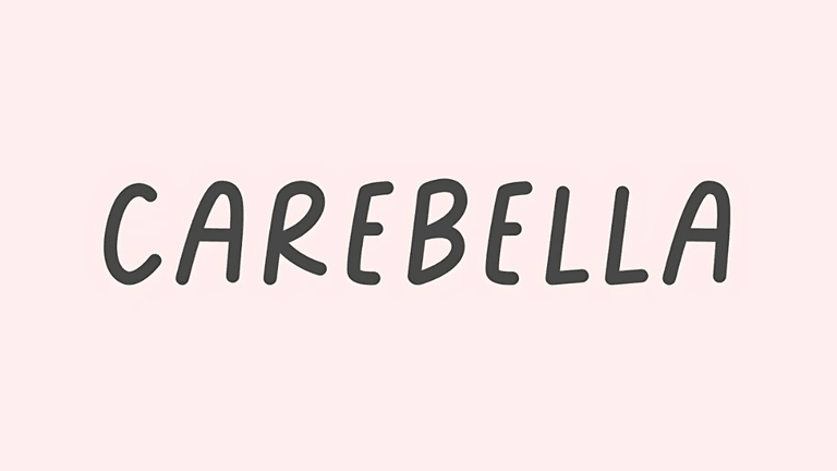 Carebella logo in playful handwritten-style font on a soft pink background, representing a feminine and caring brand identity.