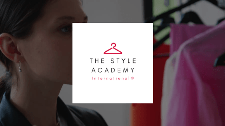 Woman observing colorful clothes on rack with The Style Academy International® logo overlayed, representing online styling education.