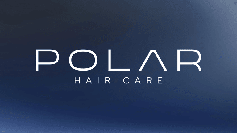 Polar Hair Care logo with modern minimalist design on a gradient blue background.