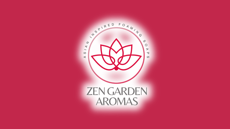 Zen Garden Aromas logo with a red lotus and tagline “Asian Inspired Foaming Soaps” on a red background.
