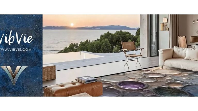 VibVie luxury rug design with modern living room featuring a beautiful view of the ocean.