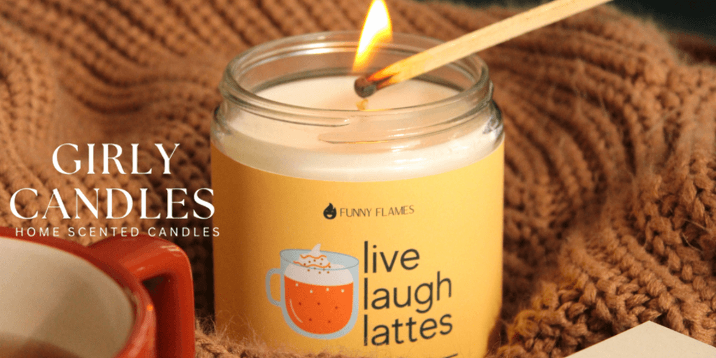 Handcrafted candle with ‘Live Laugh Lattes’ scent by Funny Flames, representing Girly Candles' luxury home products with unique scents.