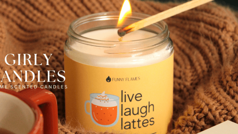 Handcrafted candle with ‘Live Laugh Lattes’ scent by Funny Flames, representing Girly Candles' luxury home products with unique scents.