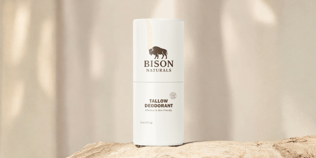 The image showcases Bison Naturals' Tallow Deodorant, representing the brand’s commitment to effective, pure, and natural skincare solutions.