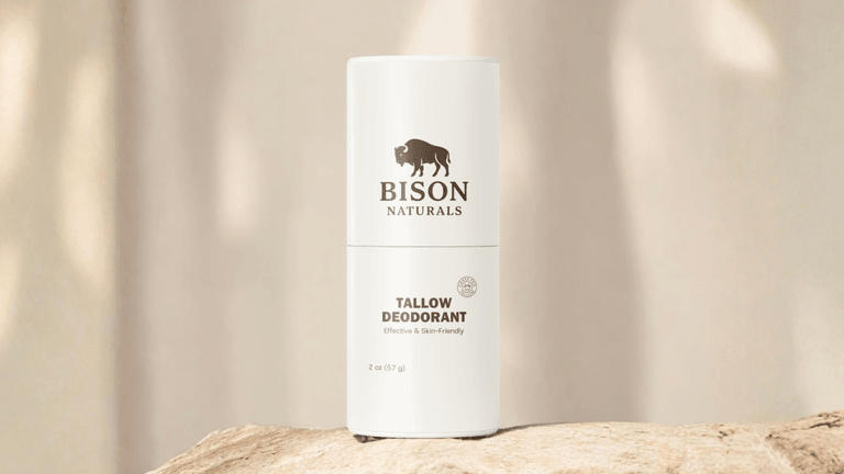 The image showcases Bison Naturals' Tallow Deodorant, representing the brand’s commitment to effective, pure, and natural skincare solutions.