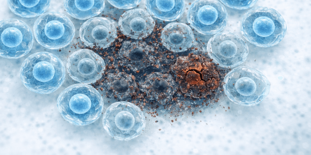 Senescent zombie cells surrounded by healthy cells — the target of senolytic research