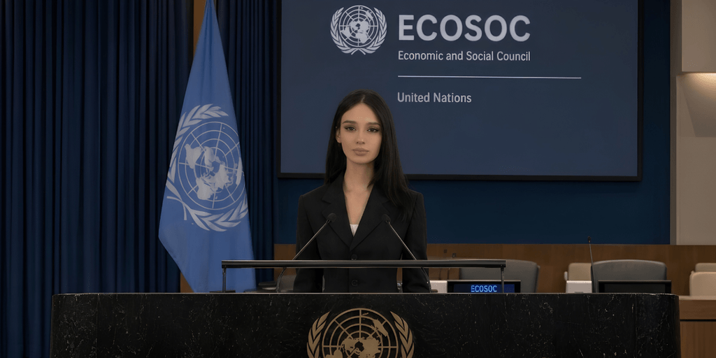 Woman speaking at United Nations ECOSOC podium with UN flag and conference backdrop.