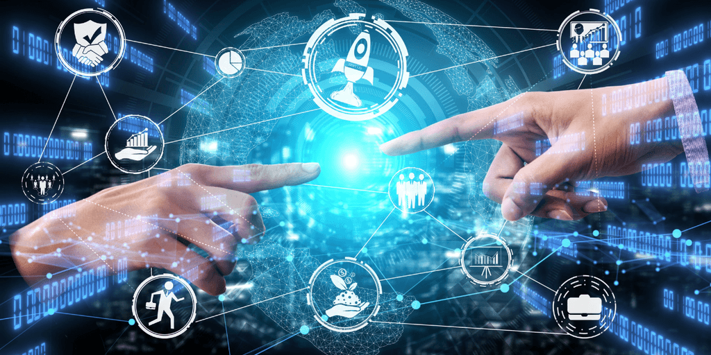 Fingers reaching towards a glowing orb surrounded by digital icons and connections