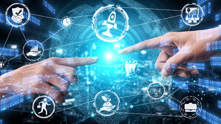 Fingers reaching towards a glowing orb surrounded by digital icons and connections