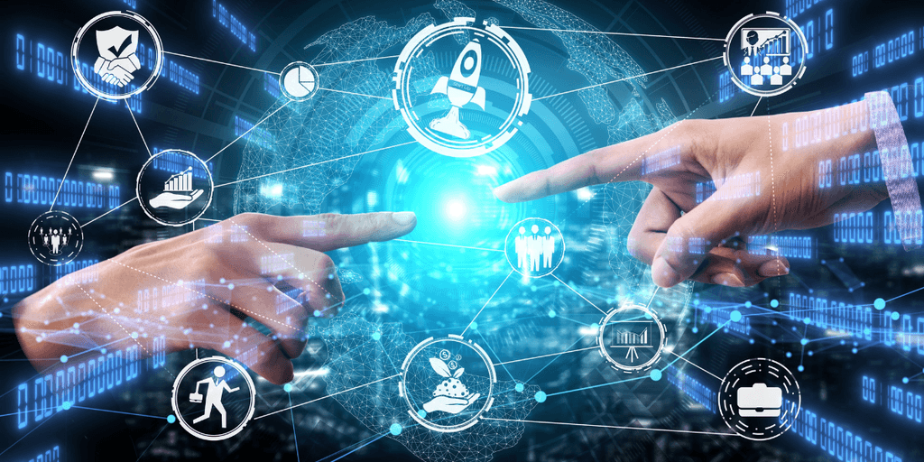 Digital illustration of hands reaching towards a glowing globe with icons representing technology and innovation