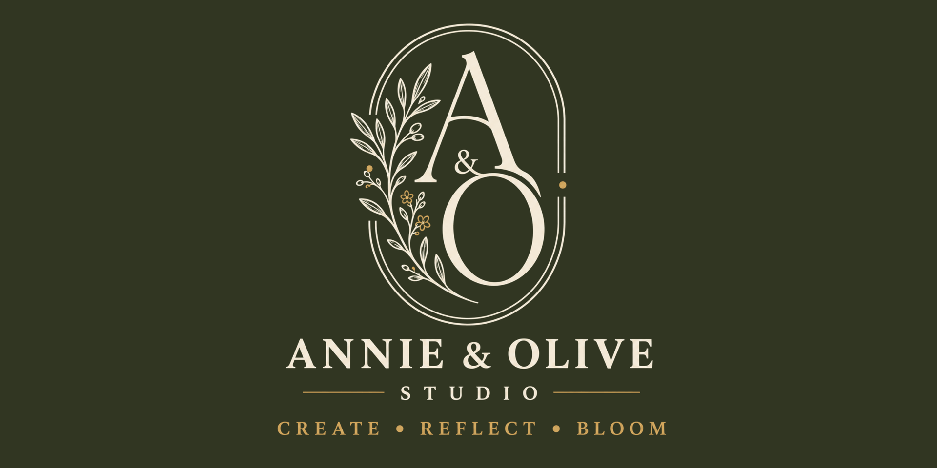 Logo for Annie & Olive Studio with floral elements and tagline "Create Reflect Bloom"