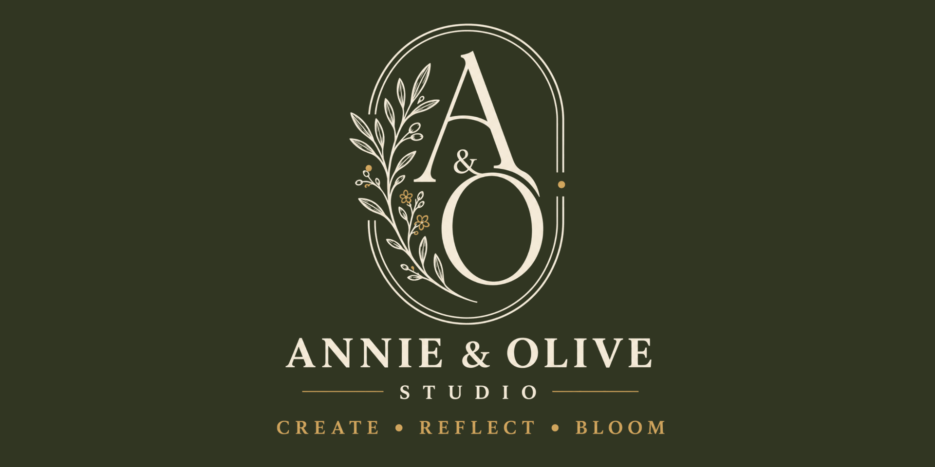 Logo for Annie & Olive Studio with floral elements and tagline "Create Reflect Bloom"