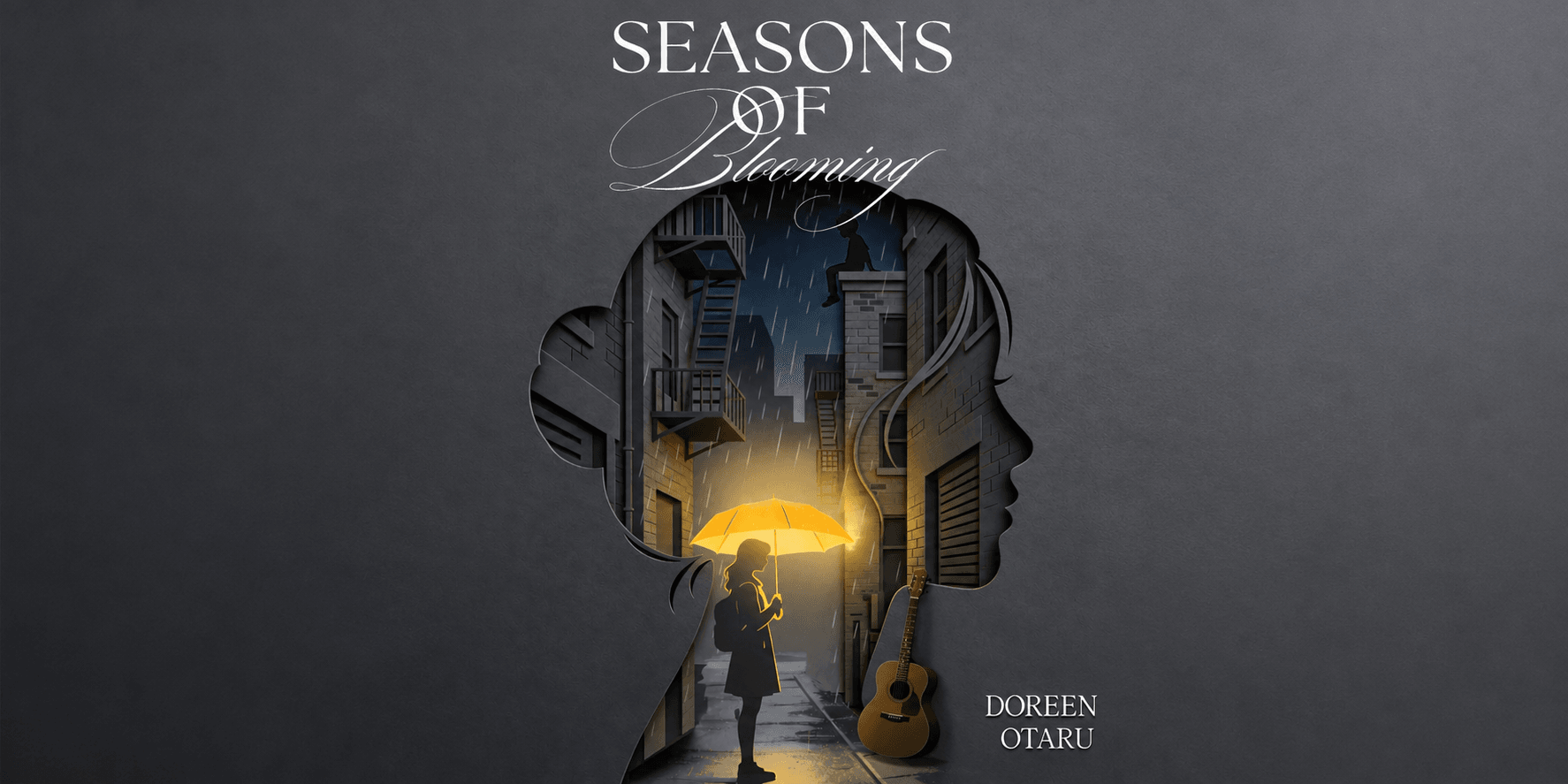 Book cover featuring a silhouette of a girl with an umbrella against a rainy background