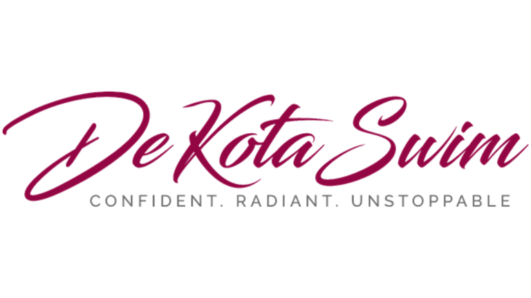 Logo for De Kota Swim featuring the tagline "Confident. Radiant. Unstoppable." in elegant script.