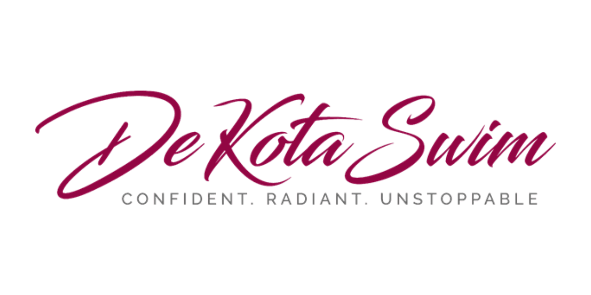 Logo for De Kota Swim featuring the tagline "Confident. Radiant. Unstoppable." in elegant script.