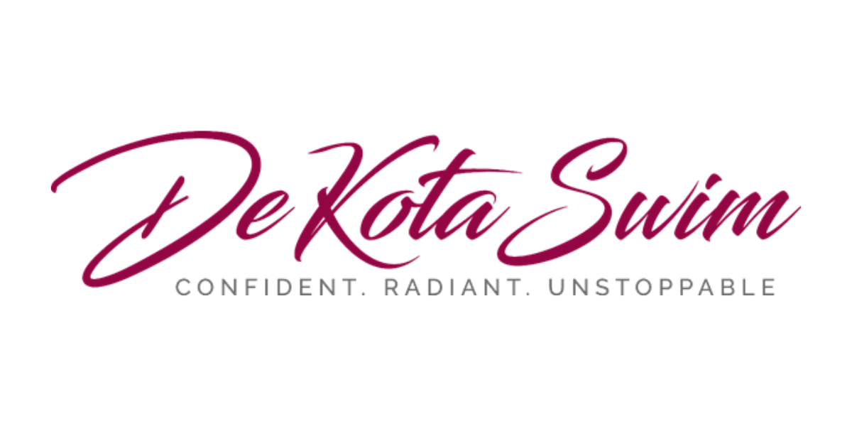 Logo for De Kota Swim featuring the tagline "Confident. Radiant. Unstoppable." in elegant script.
