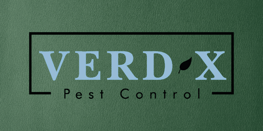 Logo for Verd-X Pest Control featuring blue text on a green background