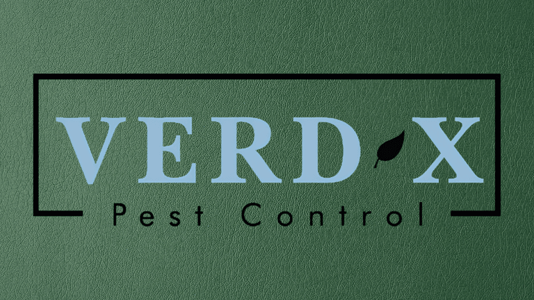 Logo for Verd-X Pest Control featuring blue text on a green background