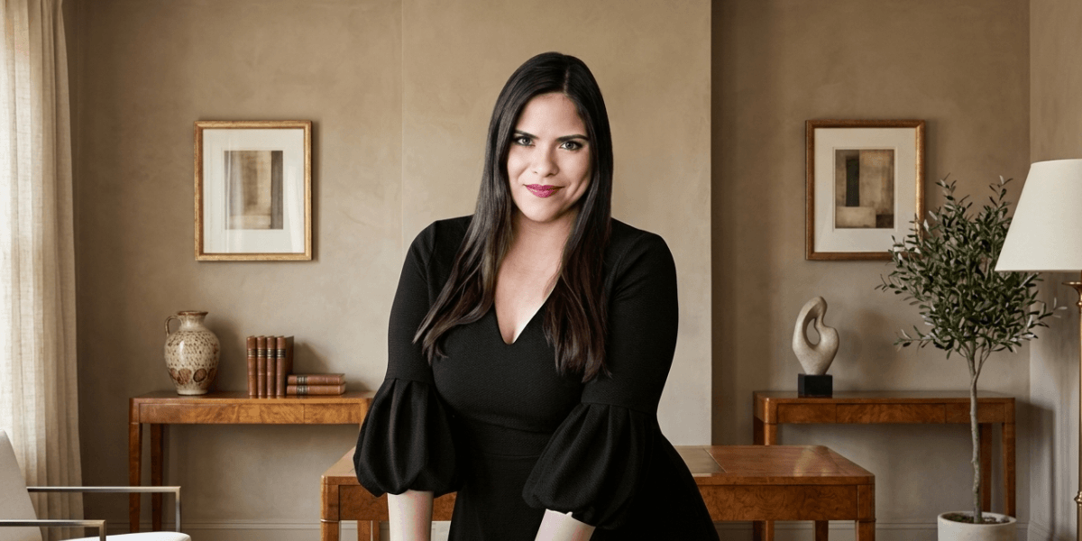 A woman in a black dress poses confidently in a stylish interior setting