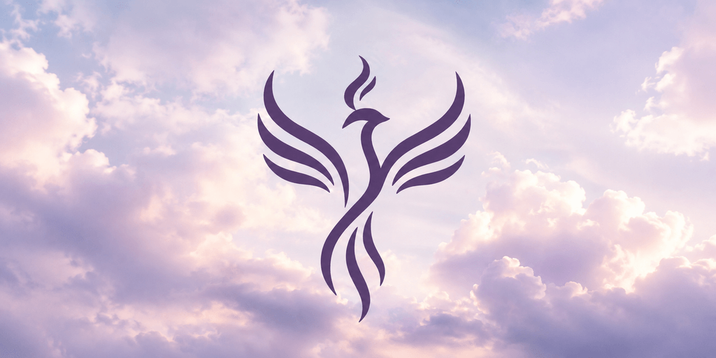 A stylized phoenix rising, surrounded by soft clouds and pastel skies.