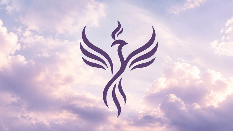 A stylized phoenix rising, surrounded by soft clouds and pastel skies.