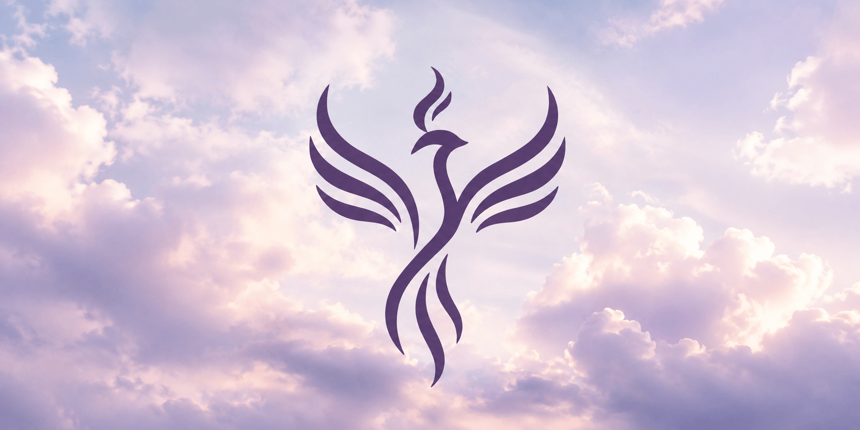 A stylized phoenix rising, surrounded by soft clouds and pastel skies.