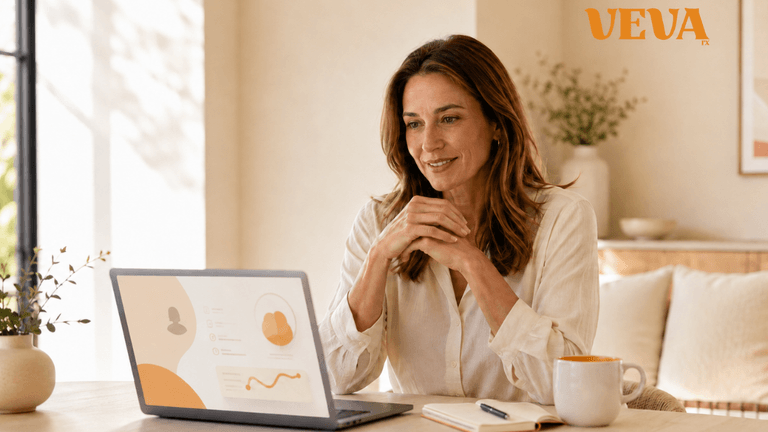 Woman sitting at a desk with a laptop, smiling and engaging in a virtual meeting