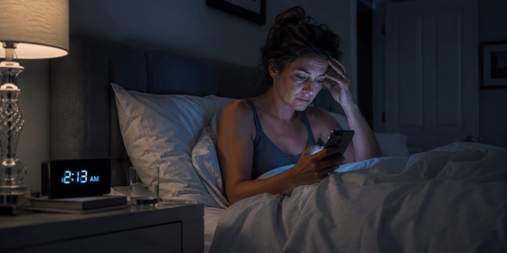 A woman in bed, illuminated by her phone, appears stressed at 2:13 AM
