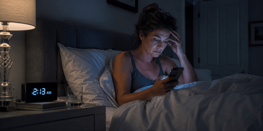 A woman in bed, illuminated by her phone, appears stressed at 2:13 AM
