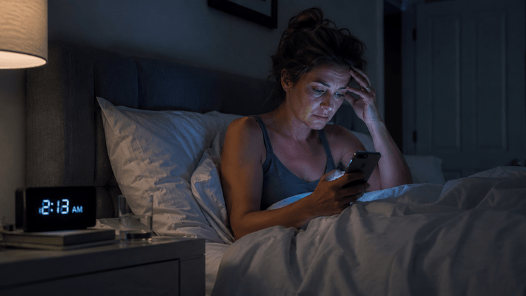 A woman in bed, illuminated by her phone, appears stressed at 2:13 AM