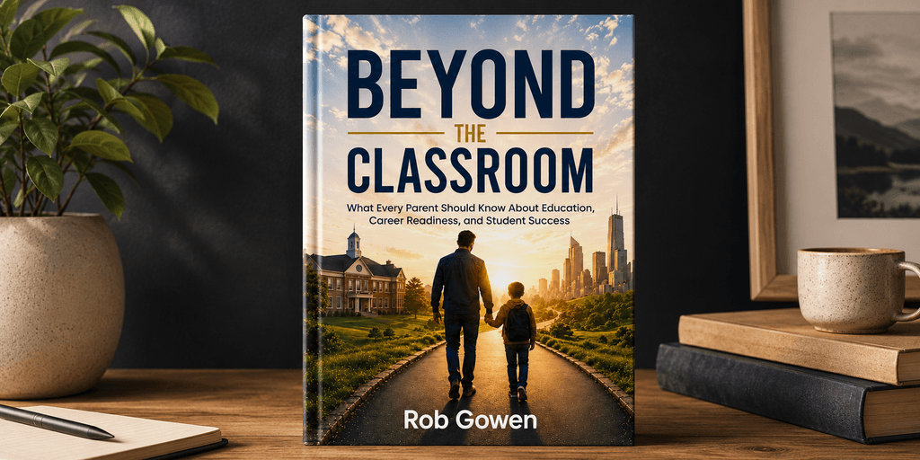 Book titled "Beyond the Classroom" by Rob Gowen on a desk with a plant.