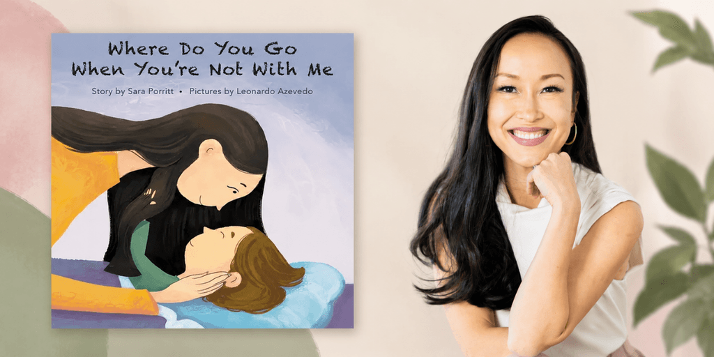 A woman smiles beside a book cover illustrating two characters in an emotional scene.