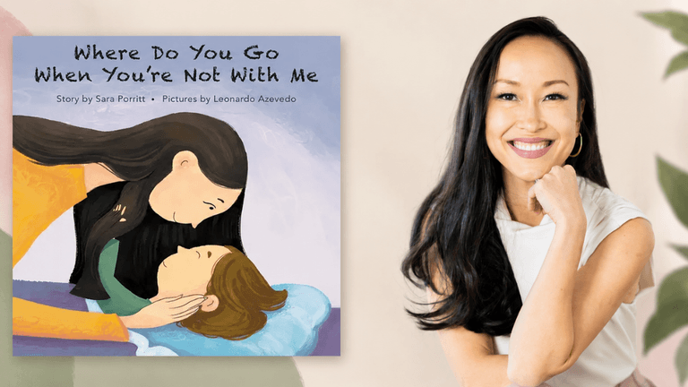 A woman smiles beside a book cover illustrating two characters in an emotional scene.