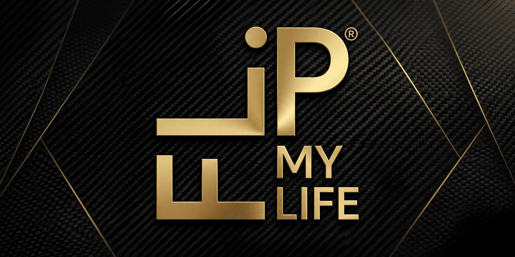 Stylized logo with "MY LIFE" in gold on a textured black background