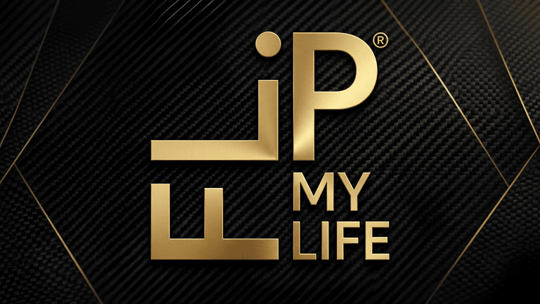 Stylized logo with "MY LIFE" in gold on a textured black background