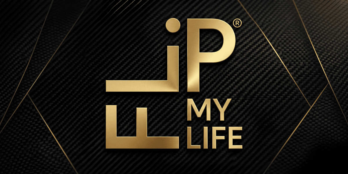 Stylized logo with "MY LIFE" in gold on a textured black background
