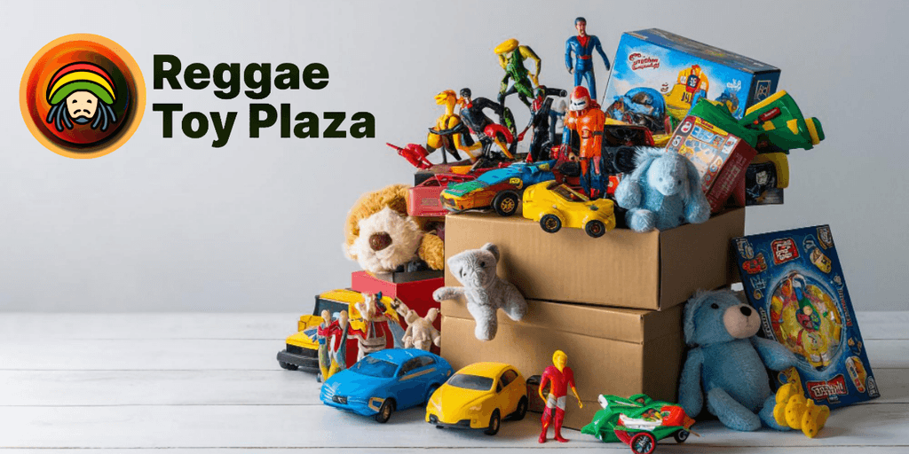 Colorful toys stacked on boxes with the Reggae Toy Plaza logo on the side