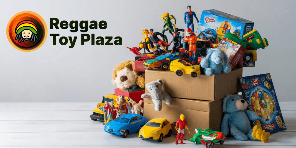 Colorful toys stacked on boxes with the Reggae Toy Plaza logo on the side