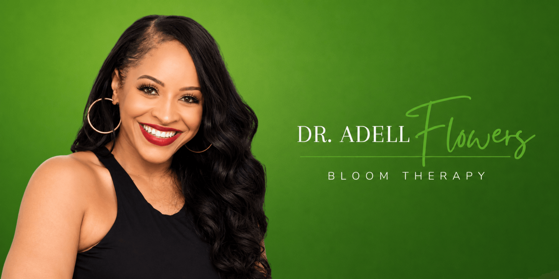 Smiling woman with long hair on a green background promoting Bloom Therapy.