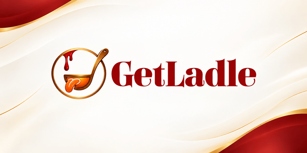 Logo design for GetLadle featuring a ladle and stylized dripping sauce on a smooth background