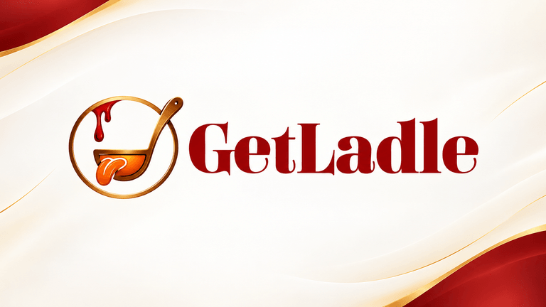 Logo design for GetLadle featuring a ladle and stylized dripping sauce on a smooth background