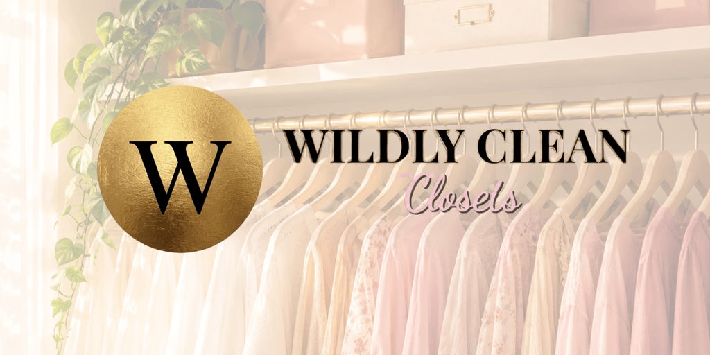 Logo for Wildly Clean Closets with a stylish, organized closet background