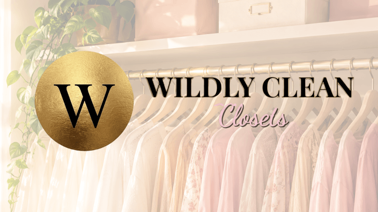 Logo for Wildly Clean Closets with a stylish, organized closet background