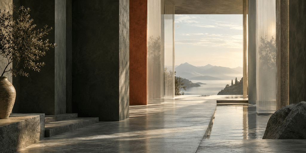 Modern interior space with large windows showcasing a serene lake and mountains outside