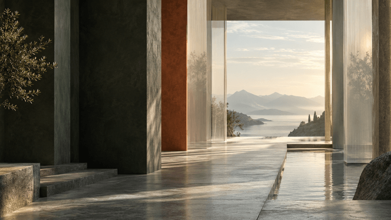 Modern interior space with large windows showcasing a serene lake and mountains outside