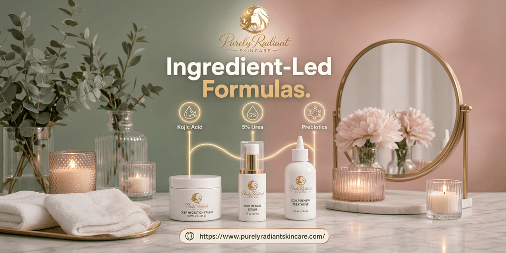 A skincare product display featuring creams, serum, and prebiotics against a soft pastel background