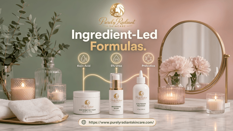A skincare product display featuring creams, serum, and prebiotics against a soft pastel background